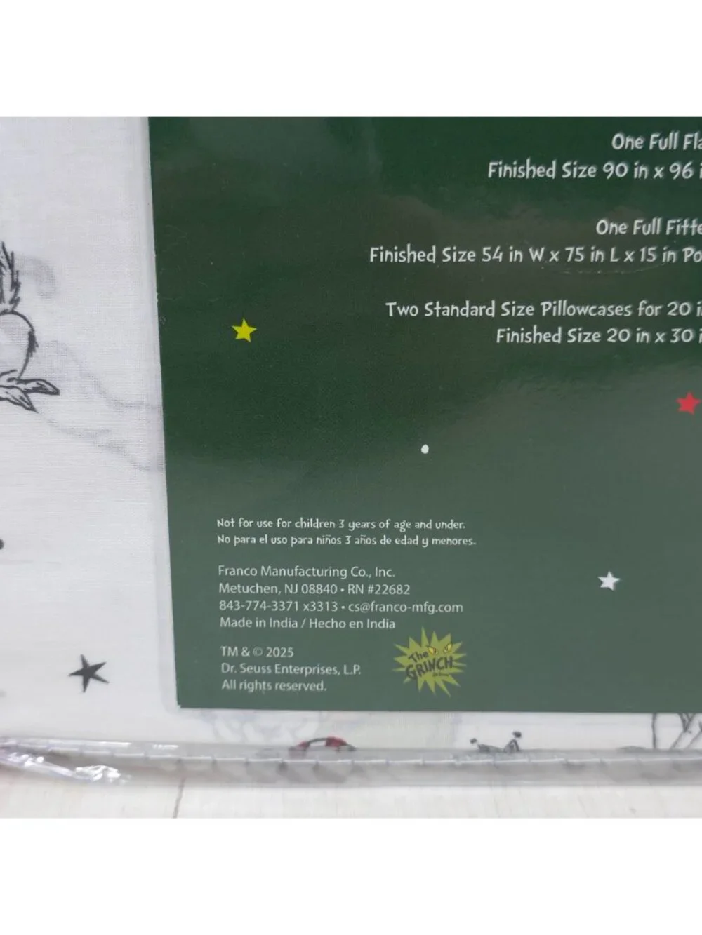 Dr. Seuss The Grinch Christmas Full Double Sheet Set 100% Cotton Holiday Bedding